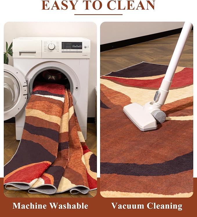 Burnt Orange Rug 4x6 Washable,Farmhouse Brown Retro Carpets,Geometric Abstract Wavy Rug for Bedroom,Unique Colorful Rugs for Living Room,Dining Room,Bedside Rugs
