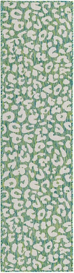Unique Loom Outdoor Safari Collection Area Rug - Leopard (2' x 7' 10" Runner, Green Blue/ Ivory)