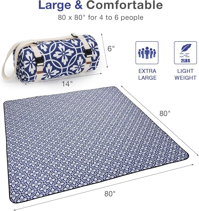 WILLOW WEAVE Picnic Blanket, 80''x80'' Waterproof Outdoor Blankets, Picnic Mat Washable for Beach, Picnic Blankets for Camping on Grass with Shoulder Strap - NavyBlue