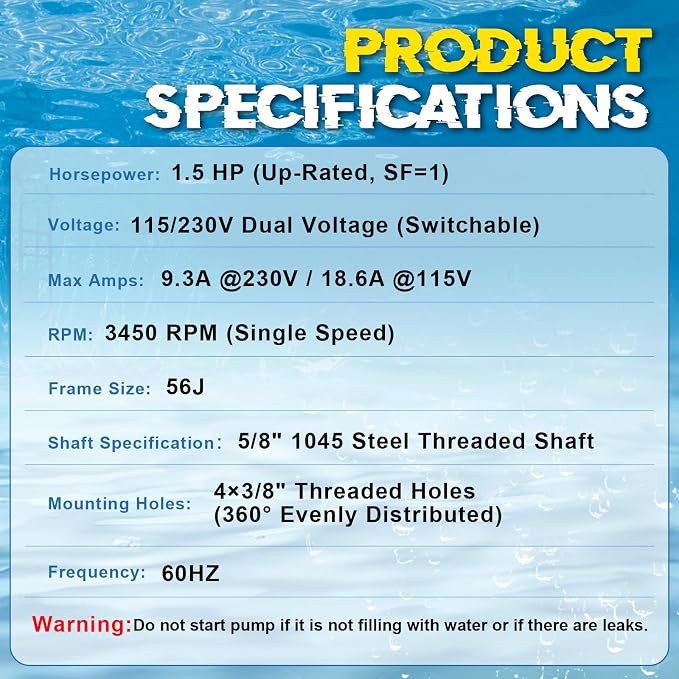 UST1152 Pool Pump Motor 1.5 HP 56J Frame Fit for Hayward SP2610X15 AST165 | 115/230V 3450 RPM Single Speed A.O. Smith Century AST165, B229