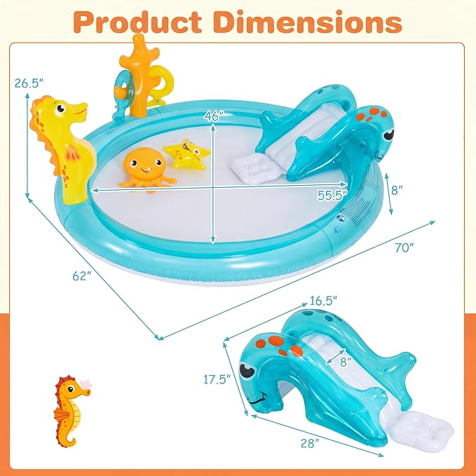 GLACER Kids Pool with Slide, Inflatable Play Center with Seahorse Sprinkler | 70" x 62" x 26.5" Water Splash Pad with Ring-toss Game, Heightened Guardrails, PVC toddler pool for Outdoor Backyard, Garden