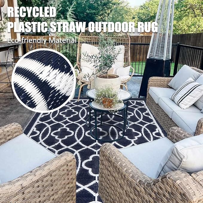 Pendolr Outdoor Rugs 9x12 for Patios Clearance - Waterproof Reversible Indoor Outdoor Rugs Carpet, Portable Plastic Straw Rug for RV Camping, Picnic, Beach, Porch, Deck(01#,Navy&White)