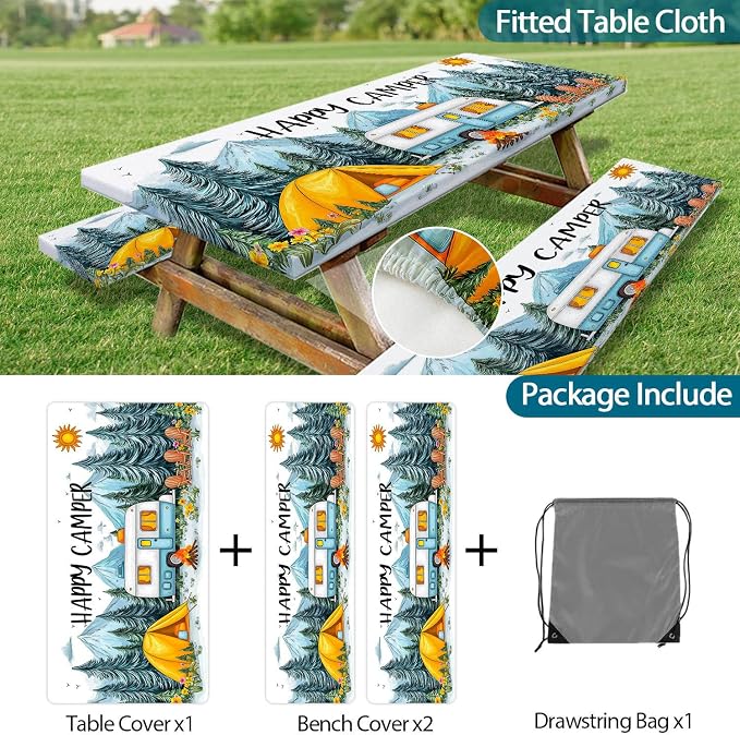 Picnic Table Cover with Bench Covers Elastic Edges, Camping Essentials Waterproof Windproof Camping Tablecloth with Drawstring Bag, Fitted Rectangle Tables and Seats, 30x72in