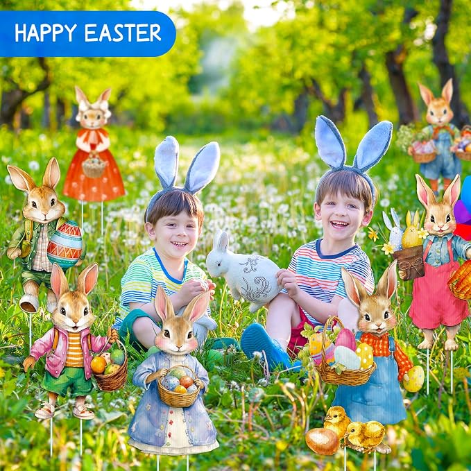 Menkxi 12 Pcs Easter Vintage Bunny Yard Signs Rabbit Lawn Sign Plastic Outdoor Decoration Spring Easter Yard Decor with Stake for Wedding Party Supplies Garden Patio Walkway Home Photo Prop