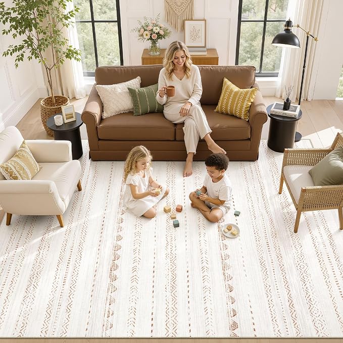 Nakagishi Boho 10x12 Area Rug Living Room Rugs Machine Washable Brown | Soft, Pet & Kid Friendly, Carpet for Living Room/Bedroom/Office/Kitchen/Nursery, Daily Home Decor Stain Resistant Moroccan