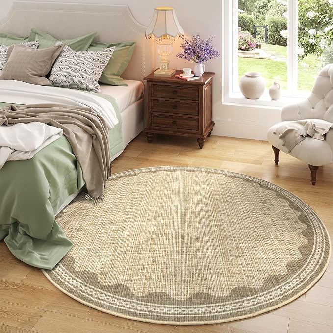 GarveeHome Scalloped Jute Print 4 ft Round Rug Washable Non-Slip Soft Ultra-Thin Small Circle Modern Cottage Core Solid Tan Carpet for Entryway Kitchen Bedroom Nursery Dining Room Tan