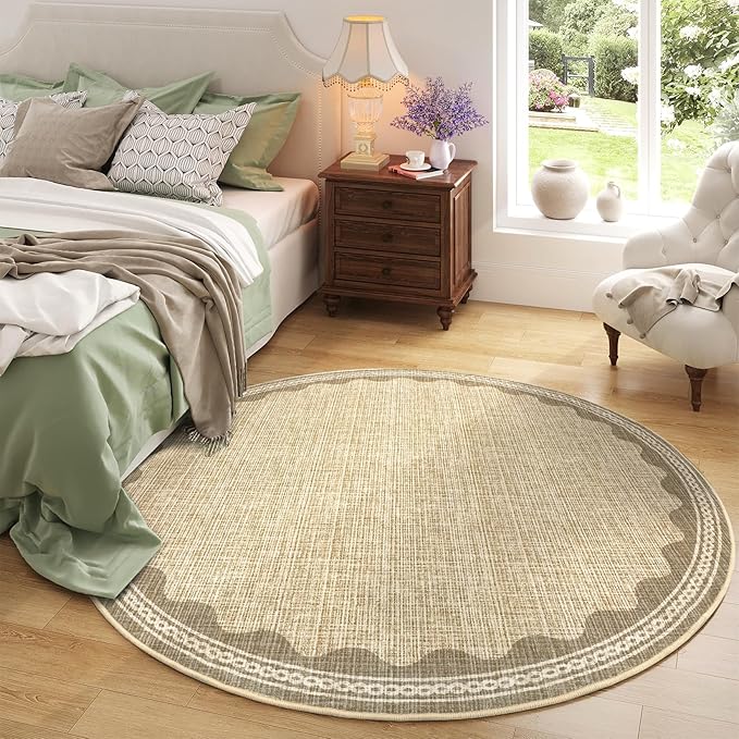 GarveeHome Scalloped Jute Print 6 ft Round Rug Washable Non-Slip Soft Ultra-Thin Small Modern Cottage Core Solid Tan Circle Carpet for Kitchen Bedroom Nursery Dining Room Tan
