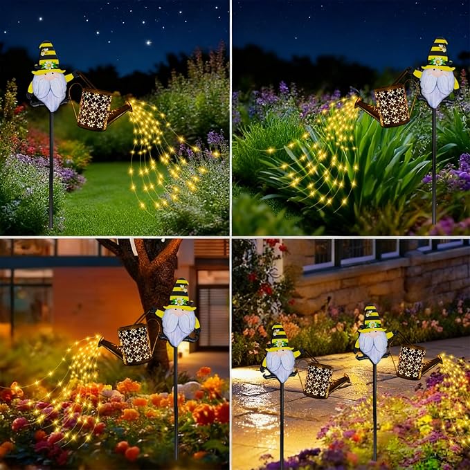 Solar Watering Can with Cascading Lights Outdoor Garden Decor, Gnome Shaped Hook Gardening Gifts for Mom Women Grandma Birthday, Solar Lights for Garden Decorations Patio Yard Lawn Backyard