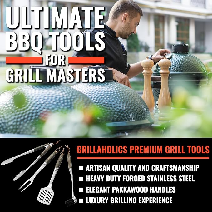 Grillaholics Premium BBQ Grill Tools – The Ultimate Grilling Gift for Dad - Luxury 4-Piece Barbecue Utensils Grill Set with Wooden Gift Box | Father's Day Gift | Includes Spatula, Tongs, Meat Fork, & Silicone Baster
