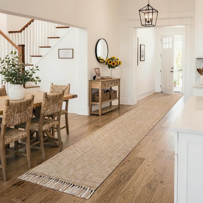 Boho Runner Rug for Hallway, 2.6x16 ft Long Entry Hall Rugs | Tan Modern Farmhouse Kitchen Runner Rugs, Hand-Woven Washable Bathroom Mat Braided Bedside Carpet for Bedroom Laundry