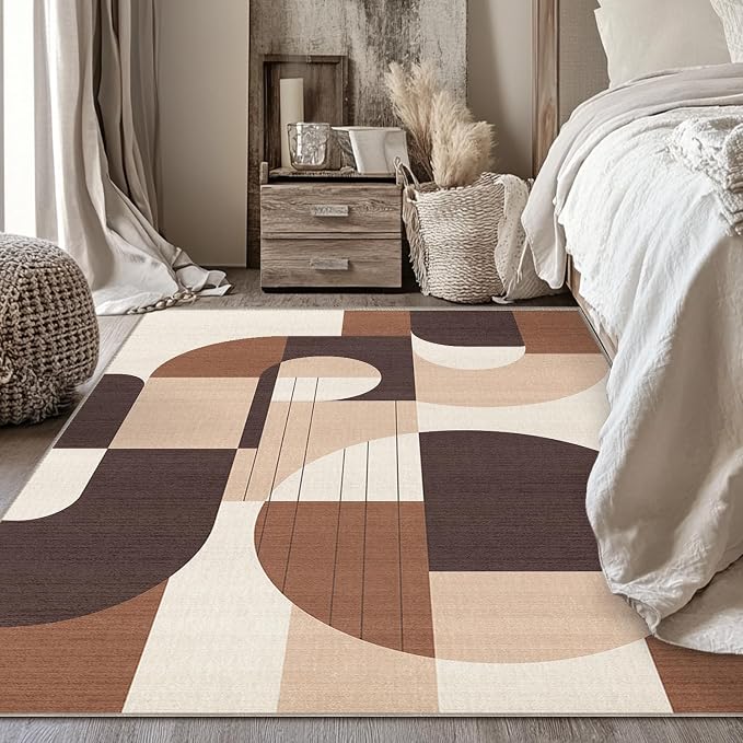4x6 Brown Geometric Area Rug for Living Room Bedroom Entryway Modern Abstract Rug Machine Washable Non-Slip Carpet for Bedside Dining Room Office
