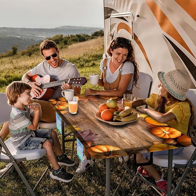 Picnic Table Cover with Bench Covers Elastic Edges, Outdoor Patio Camping Essentials 60 Inch 3PCS, Camper Fitted Table Cover, Waterproof Rectangle Tablecloth with Drawstring Bag,Pumpkin