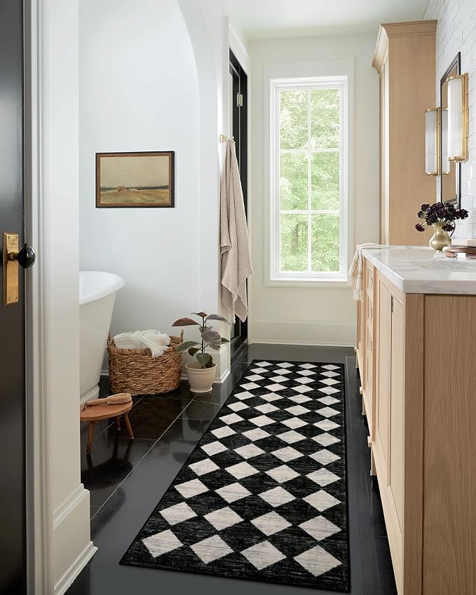 Checkered Kitchen Runner Rug 2x8 Black and White, Hallway Non Slip Washable