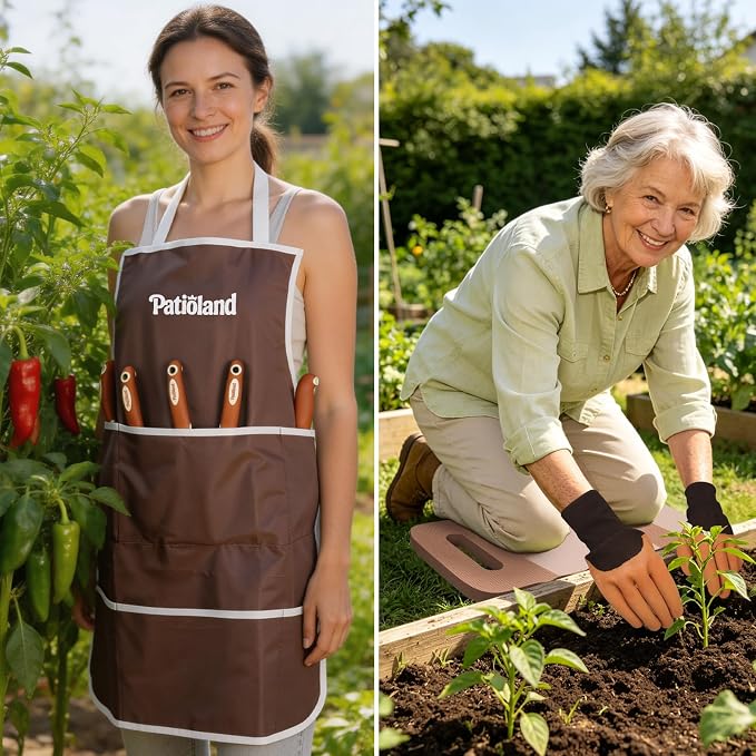 Brown Gardening Sets 26-Piece, Gardening Kit with Non-Slip Ergonomic Handle, Storage Handbag, Gardening Gloves, Apron and Repotting Mat, Gardening Gift for Women Men