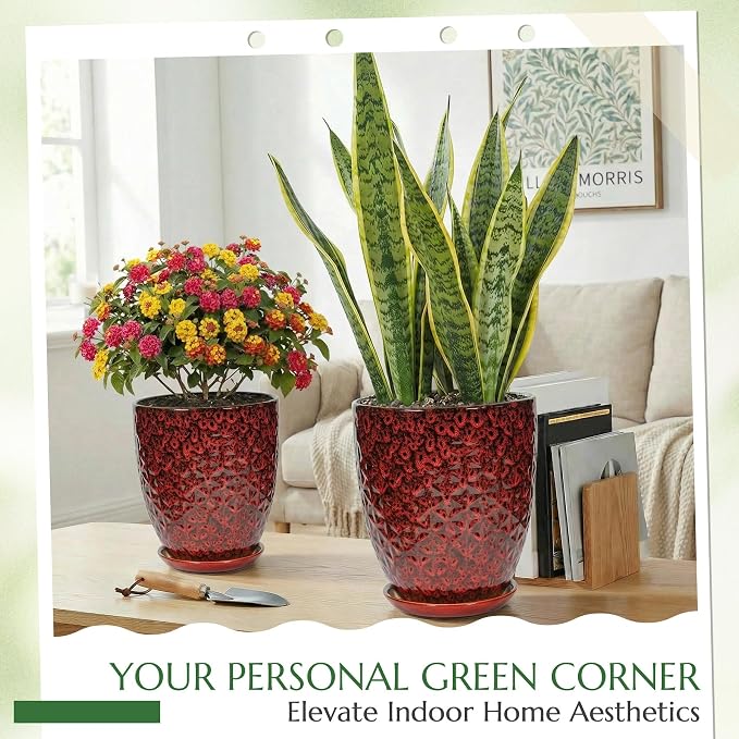 9.5 Inch Flower Pots for Indoor Plants,Ceramic Planter with Saucer Drainage Leak-Proof Mesh Gardening Gloves (Diamond Red)