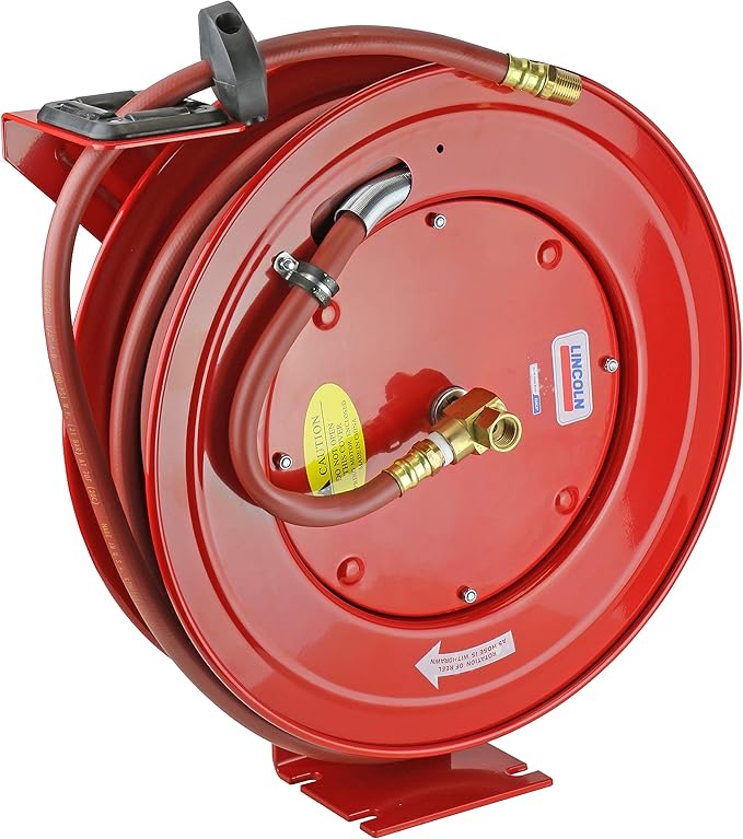 Lincoln 83753 Value Series Air/Water Retractable Hose Reel with 50' x 3/8" Rubber Air Hose, 1/4" NPT, 300 PSI, Slotted Mounting Base, 5-Position Adjustable Outlet Arm, All-Steel Construction, Red