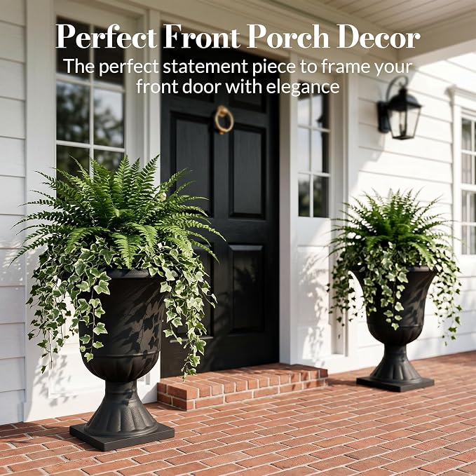 Worth Garden 2-Pack Plastic Urn Planters for Outdoor Plants, 22'' Black Tall Round Classic Resin Traditional Flower Pots - 15 in. Dia Large Imitation Stone Decorative Pot Patio Deck Front Porch
