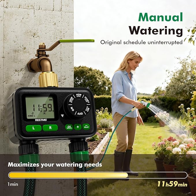 RESTMO Sprinkler Timer for Outdoor Hose Faucet 2 Pack, Max 11h59m Programmable Water Timer for Garden Soaker Hose, Misting with Brass Inlet & Large Dial, Rain Delay/Manual/Automatic Irrigation System