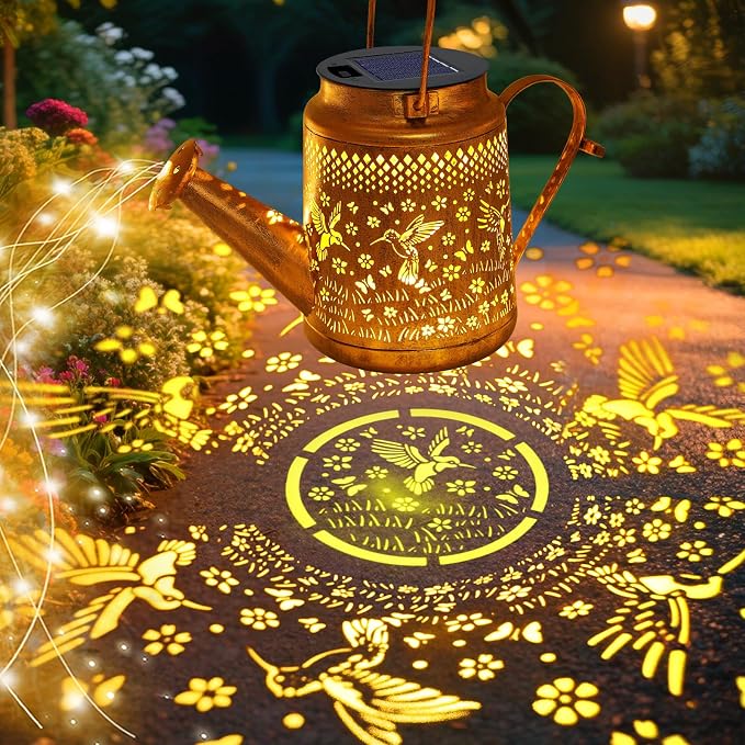 VOOKRY Solar Lights Outdoor Waterproof, Hummingbird Retro Metal Solar Watering Can Lights, Gifts for Women Mom Grandma Birthday, Hanging Lantern Decorative Garden Decor for Outside Yard Lawn Patio