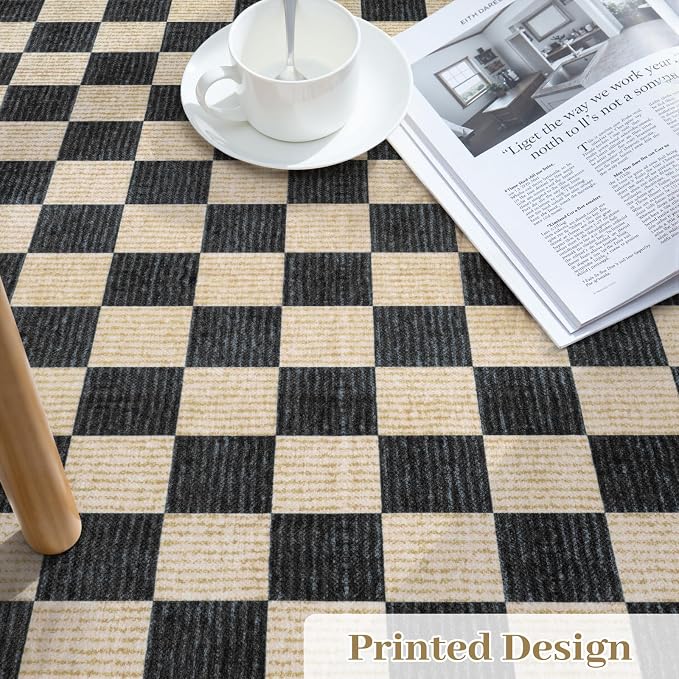 LIVEBOX 3x5 Washable Area Rug Checkered, Non-Slip Small Entryway Rug Black Farmhouse Neutral Classic Geometric Boys Rug for Bedroom Living Room Low-Pile Carpet for Indoor Kitchen Bathroom(Black 3'x5')