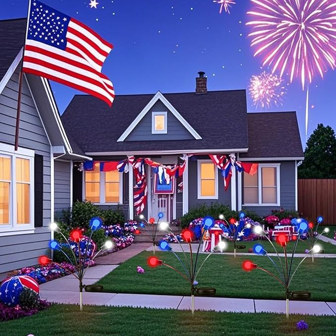 OZS 8 Pack Solar American Flag Lights - 4th of July Solar Garden Outdoor Waterproof Firefly Light for Memory Day, Independence Day, National Day Decoration (Red White Blue)