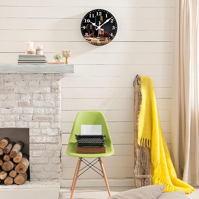 Wall Clock, Red Wine and Grapes Silent Non Ticking Battery Operated Round Decorative Indoor Outdoor Clocks for Living Room Kitchen Bedroom Bathroom Patio 12"