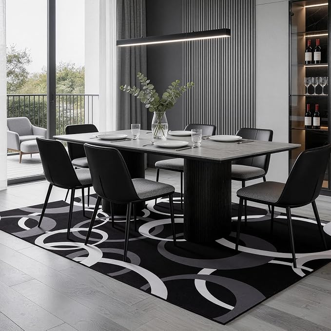 Washable 5x7 Area Rugs for Living Room, Modern Black and White Rug for Bedroom Non Slip Low Pile, Modern Circle Pattern Carpet for Dining Room Playroom Home Office Decor