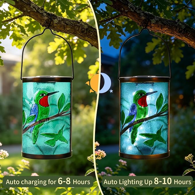 Hanging Solar Lantern Outdoor Waterproof Hummingbird Solar Lights Glass Tabletop Decorative Lamp for Outdoor Patio Garden Outside Yard Decor