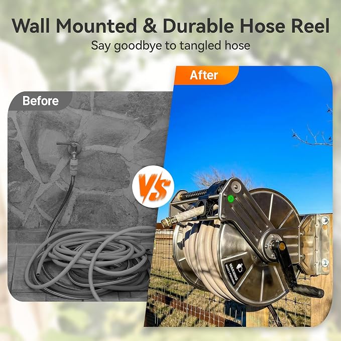 Giraffe Tools Stainless Steel Garden Hose Reel Heavy Duty, Wall/Floor Mounted Stainless Water Hose Reel Retractable with Crank, 150-Feet 5/8" Hose Capacity