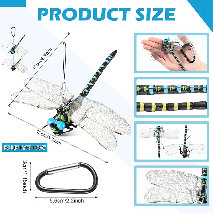 Qualirey 8pcs Dragonfly Hat Clip Realistic Simulated Dragonfly with Hook Clip Attach to Backpack Hat for Indoor Yard Garden Plant Decor (Yellow,Blue)