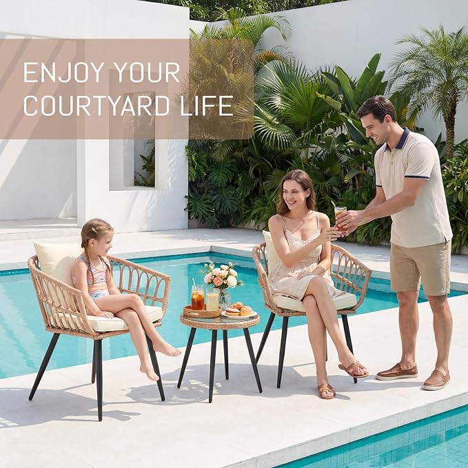 Upgraded 3 Piece Patio Bistro Set for Balcony, Backyard, Porch, Beige | All-Weather Rattan Patio Conversation Set, New Thickened and Reinforced Metal Frame, Tempered Glass Side Table, Easy-Clean
