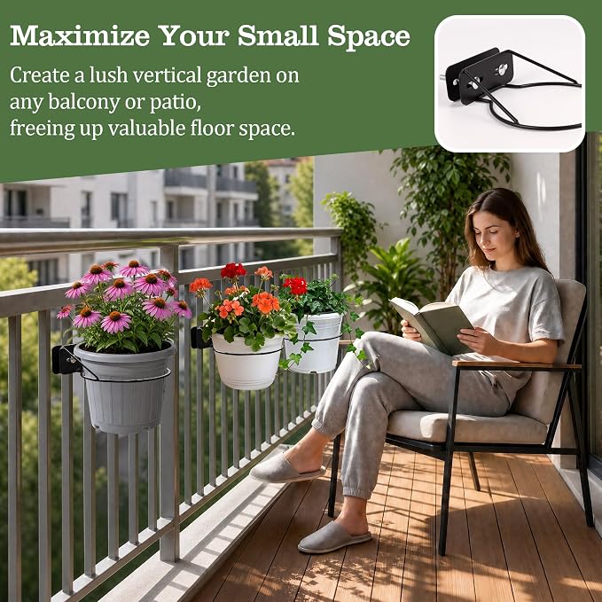 Adjustable Width Railing Plant Holder - 3pc Metal Railscapes Plant Holder Between Rails, 8.6 Inches Rustproof Plant Hangers for Railings Balcony or Stair