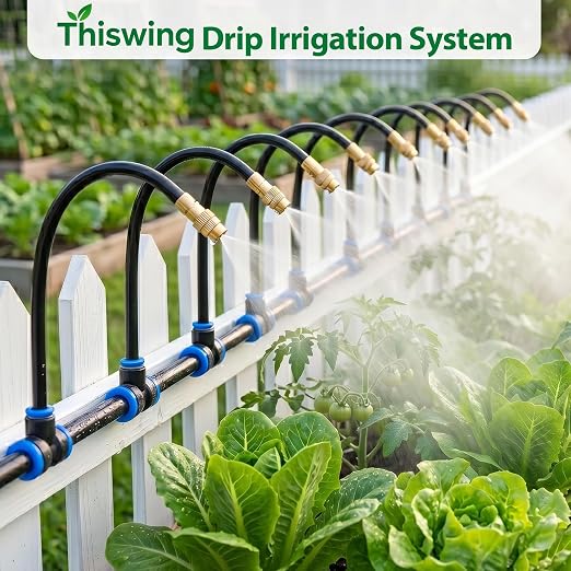 Thiswing 200FT 360° Adjustable Irrigation System for Garden – 1/4" Tubing with 36 Nozzles, Automatic Watering Misting System, Sprinkler for Garden, Raised Bed, Lawn, Plants