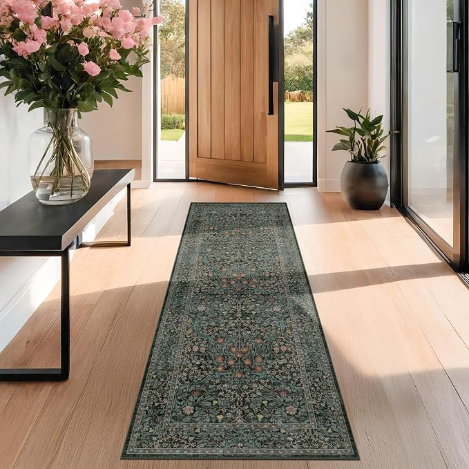 Dark Green 2x7 Long Washable Runner Rug Non Slip, Throw Rugs Runners for Kitchen Hallways Entryway Bathroom Laundry Room, Floor Mat Vintage Floral Carpet Low Pile Stain Resistant