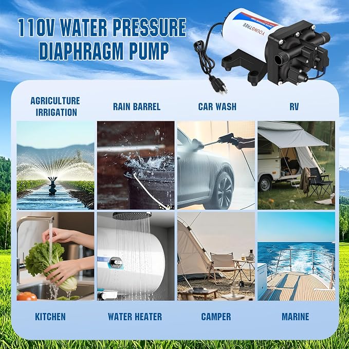 YOUNGTREE 110V AC Fresh Water Pressure Transfer Pump 5.5GPM 70PSI 110Volt On Demand Self-priming Diaphragm Water Pump with Pressure Switch for RV Garden Irrigation Home Car Washing Rain Barrel