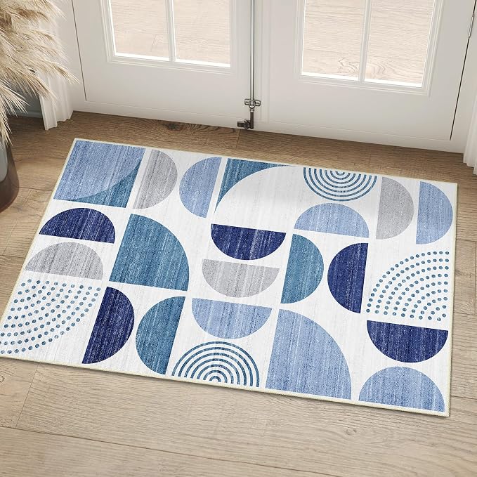 Blue Small Rug Washable,2x3 Area Rugs Non Slip Modern Abstract | Machine Washable Throw Carpet for Entryway Bathroom Entry Entrance Bedroom Kitchen Boho Soft Low Pile Indoor Navy Blue