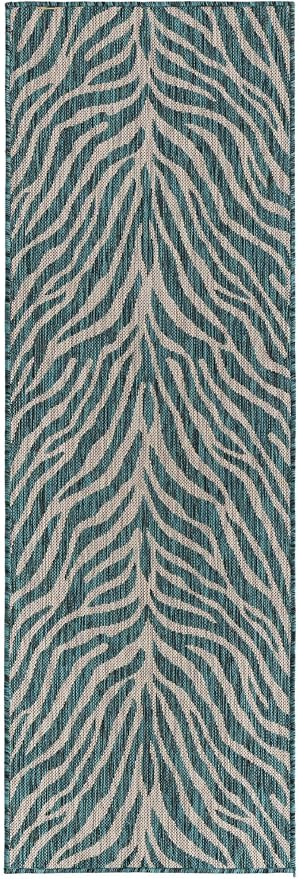 Unique Loom Outdoor Safari Collection Area Rug - Tsavo (2' x 6' 1" Runner, Teal/ Ivory)