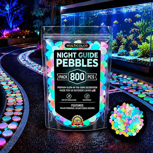 Glow in the Dark Rocks Outdoors, Decorative Night Guide Pebbles for Landscaping & Garden Pathway, Colored Glow Stonesfor Fish Tank, Aquarium Decor & Planters, Luminous Stones for Vases (800, Multi)