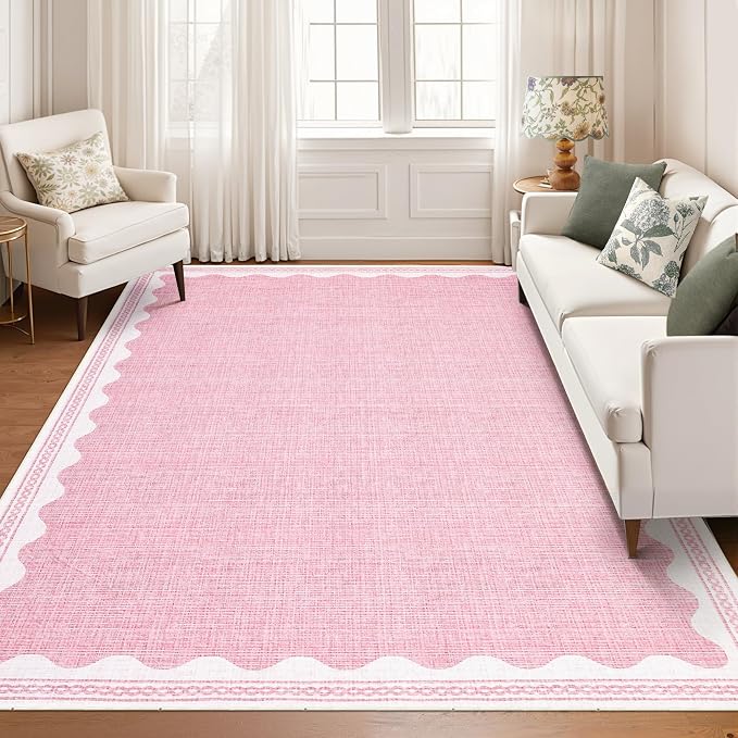 Garvee Scalloped Rug 5x7 Washable Living Room Rug Non Slip Modern Rugs Pink | Ultra Soft Non-Shedding Floor Cover Low Pile Stain-Resistant Bordered Print Throw Carpet for Bedroom Kids Room Dorm