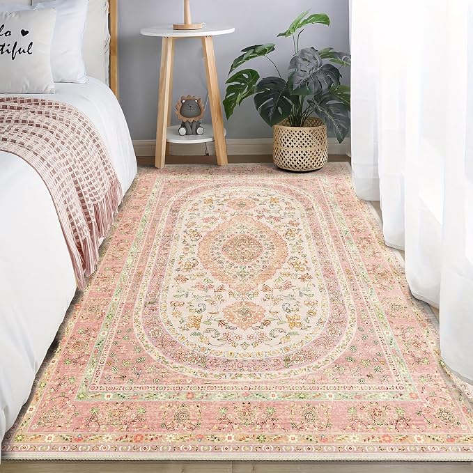 Pink Rug 3x5,Boho Washable Area Rugs for Bedroom Entryway | Small Vintage Distressed Farmhouse Non Slip Carpet for Living Room,Blush Floral