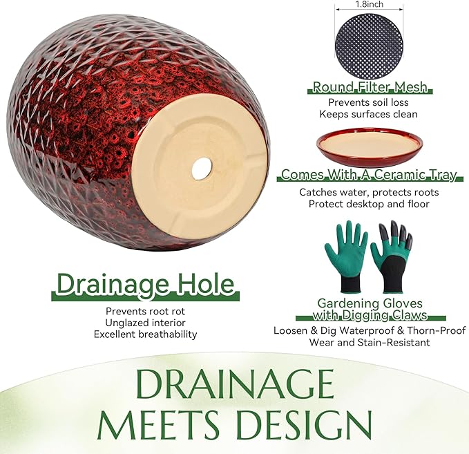 9.5 Inch Flower Pots for Indoor Plants,Ceramic Planter with Saucer Drainage Leak-Proof Mesh Gardening Gloves (Diamond Red)