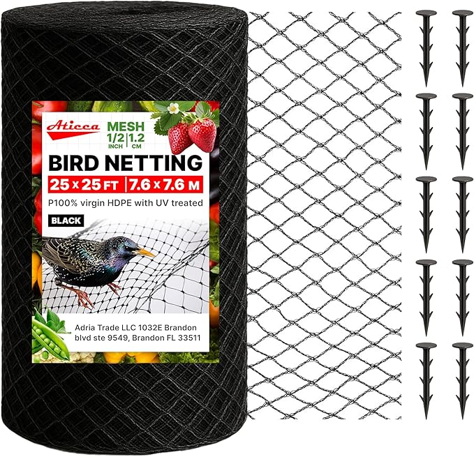 ATICCA Heavy Duty Bird Netting for Garden Protection & Fruit Trees, 25x25 Ft with 10 Stakes – Black Anti-Bird Net for Poultry, Deer, & Squirrel Protection, Durable Mesh for Garden and Yard Use