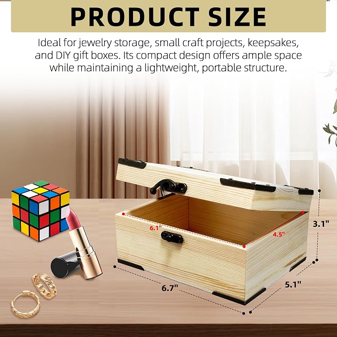 6.7"x5.1"x3.1" Unfinished Unpainted Wooden Box with Hinged Lid for Crafts DIY, Storage Jewelry Plain Pine Box with 4 Pcs Retro Style Decorative Corner Protectors