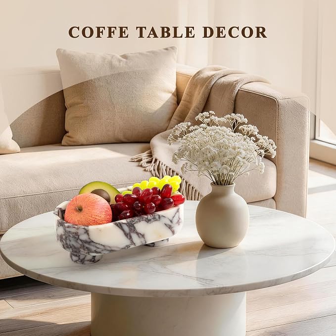 LIN CHUAN Natural Oval Marble Fruit Bowl for Kitchen Counter | Two-Legged Decorative Pedestal Bowl for Dining Table Decor, 10" Luxury Entryway Catchall Purse Bowl - Calacatta Viola