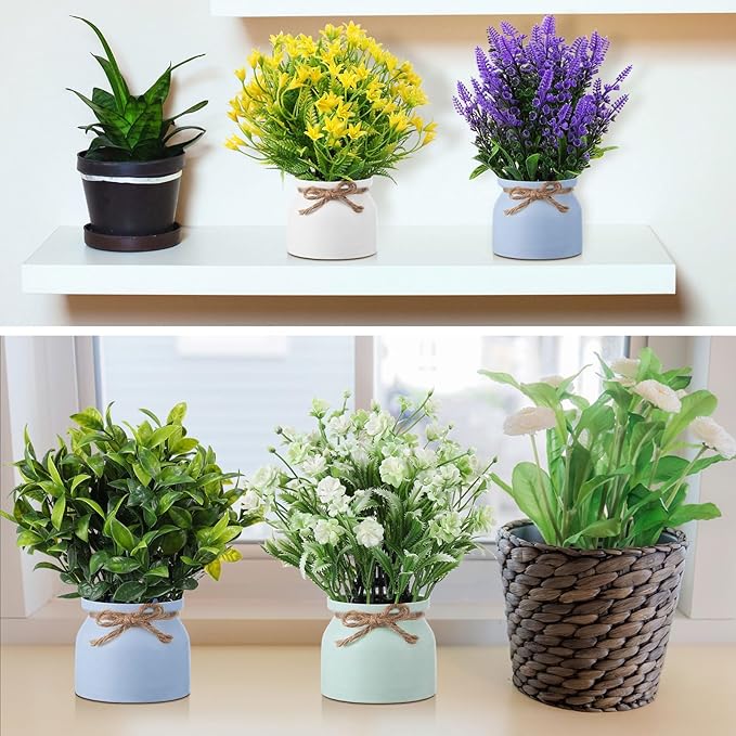 Cindeer 8 Pcs Small Artificial Potted Flowers Fake Potted Plants Plastic Faux Flowers for Home Decor Indoor Artificial Plants in Pots for Wedding Home Desk Tabletop Outdoor Office Kitchen