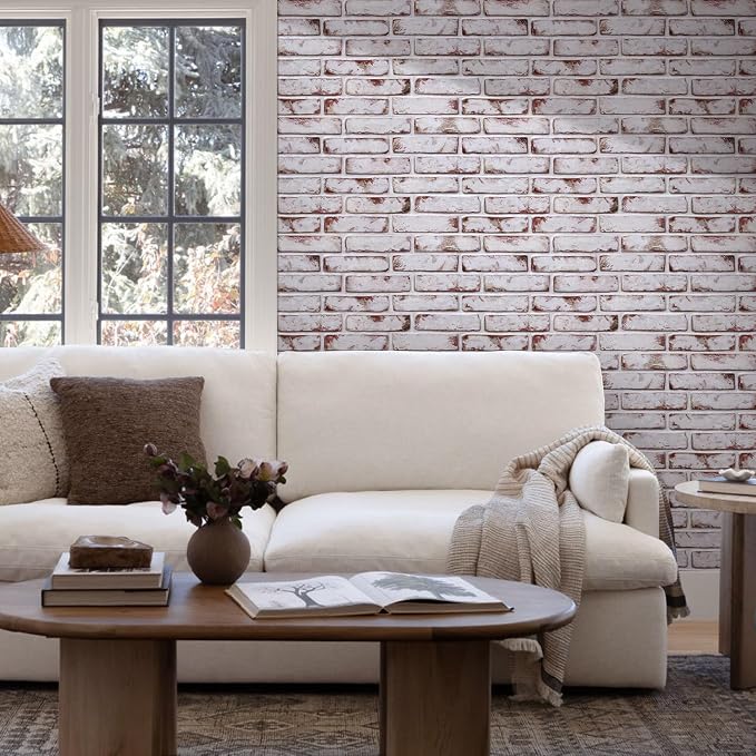 COMSTICKC 3D Faux Brick Wall Panel Red-Tinted White, Peel and Stick Wall Covering, 12 Pcs of 22.8" x 11.8", Not Real Brick, UrltraLight PVC Self Adhesive Wall Tile, Paintable, Covers 22.48 sq.ft