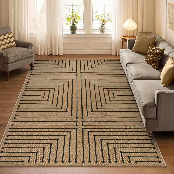 Lahome Neutral Outdoor Rug 5x7, Black and Brown Classroom Easy Jute Rug | Nature Farmhouse Rhombus Non Slip Non Shedding Outdoor Patio Carpet for Balcony Dining Room