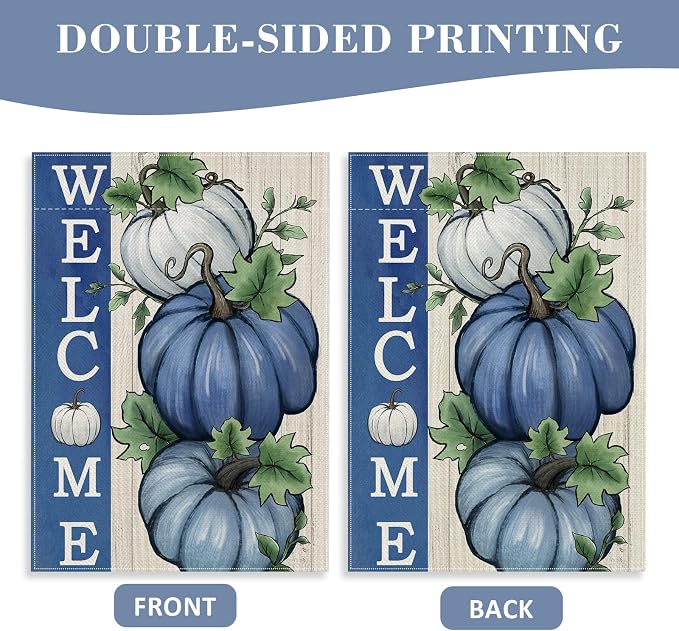 Welcome Fall Pumpkin Decorative Garden Flag, Autumn Blue White Pumpkin Farmhouse Yard Outside Decorations, Thanksgiving Rustic Burlap Outdoor Small Home Decor Double Sided 12 x 18
