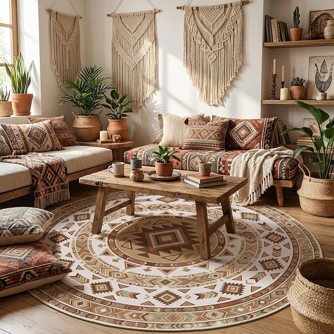 3ft Round Southwestern Rug, Geometric Tribal Pattern, Non-Slip Mat | Stain-resistant and machine-washable design for easy care, complemented by reinforced edges for lasting durability.