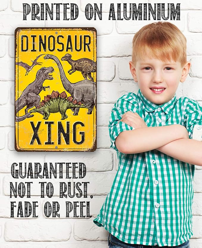 Dinosaur Crossing Sign - Cool Tin Sign for Wall Decor, Dinosaur Party Decoration Signs, Dinosaur Poster for Boys Room and Play Room, 12x18 Use Indoors or Outdoors Durable Rustic Metal Sign